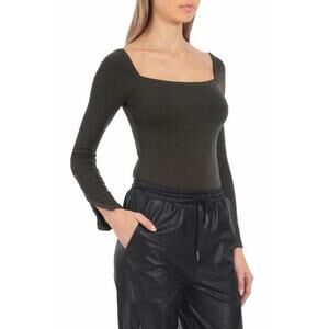 Avec Les Filles Square Neck Rib Knit Long Sleeve Top In Army Green Size M